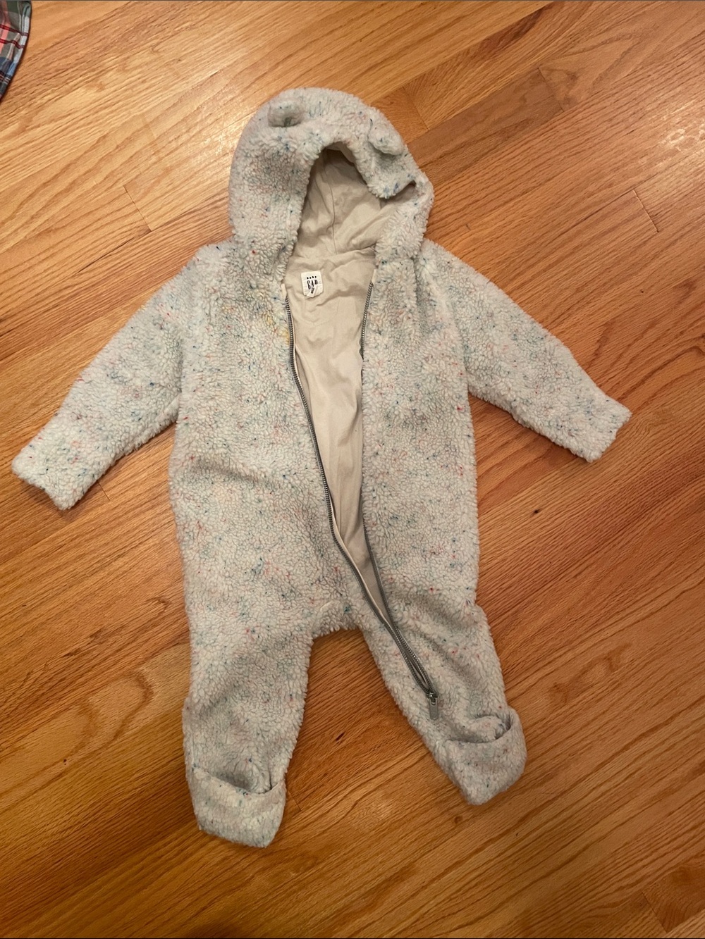 GAP Plush Hooded One-Piece Footie in Light Blue with Speckle